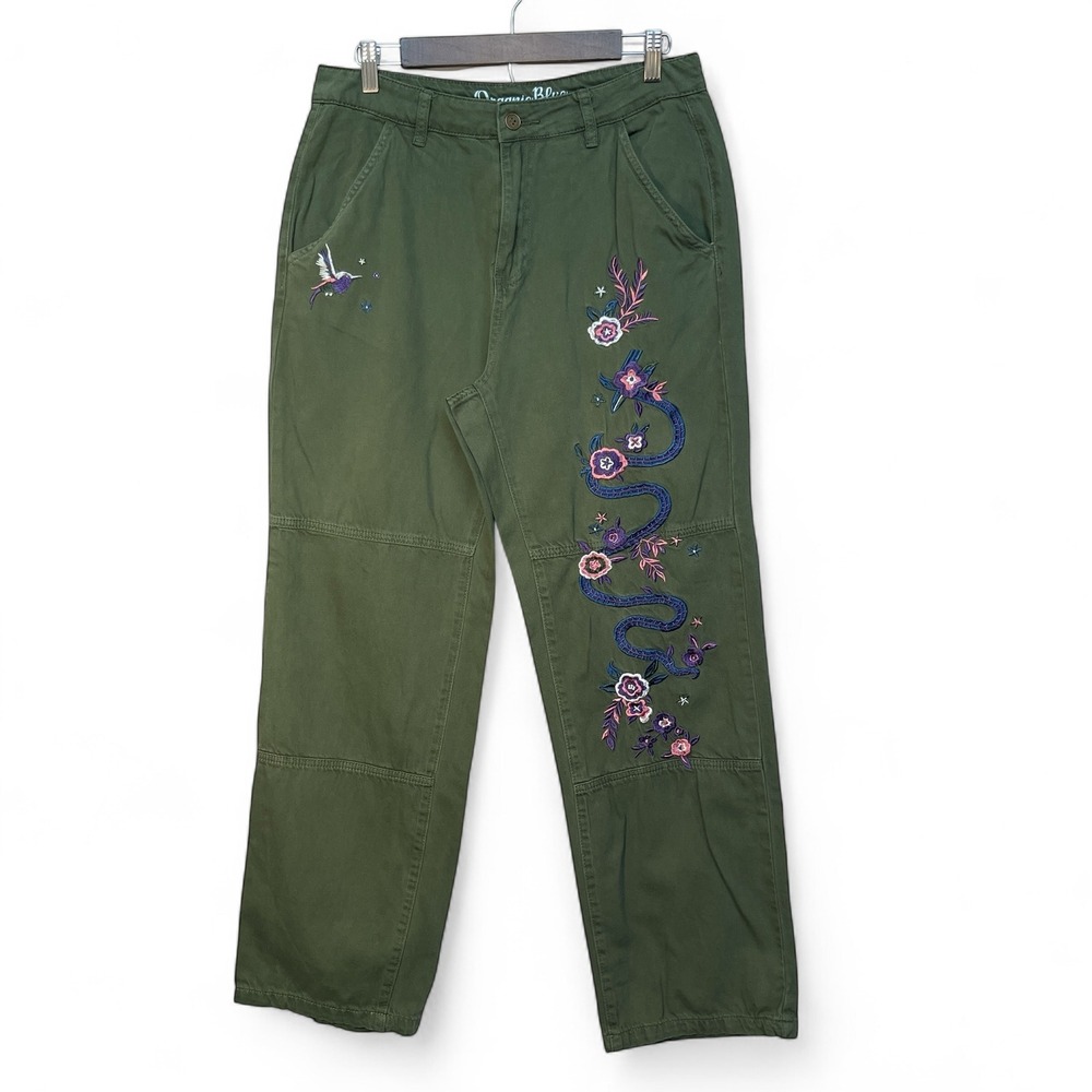Organic Blue Olive Green Embroidered Snake Floral Pants Womens Size 13/31
